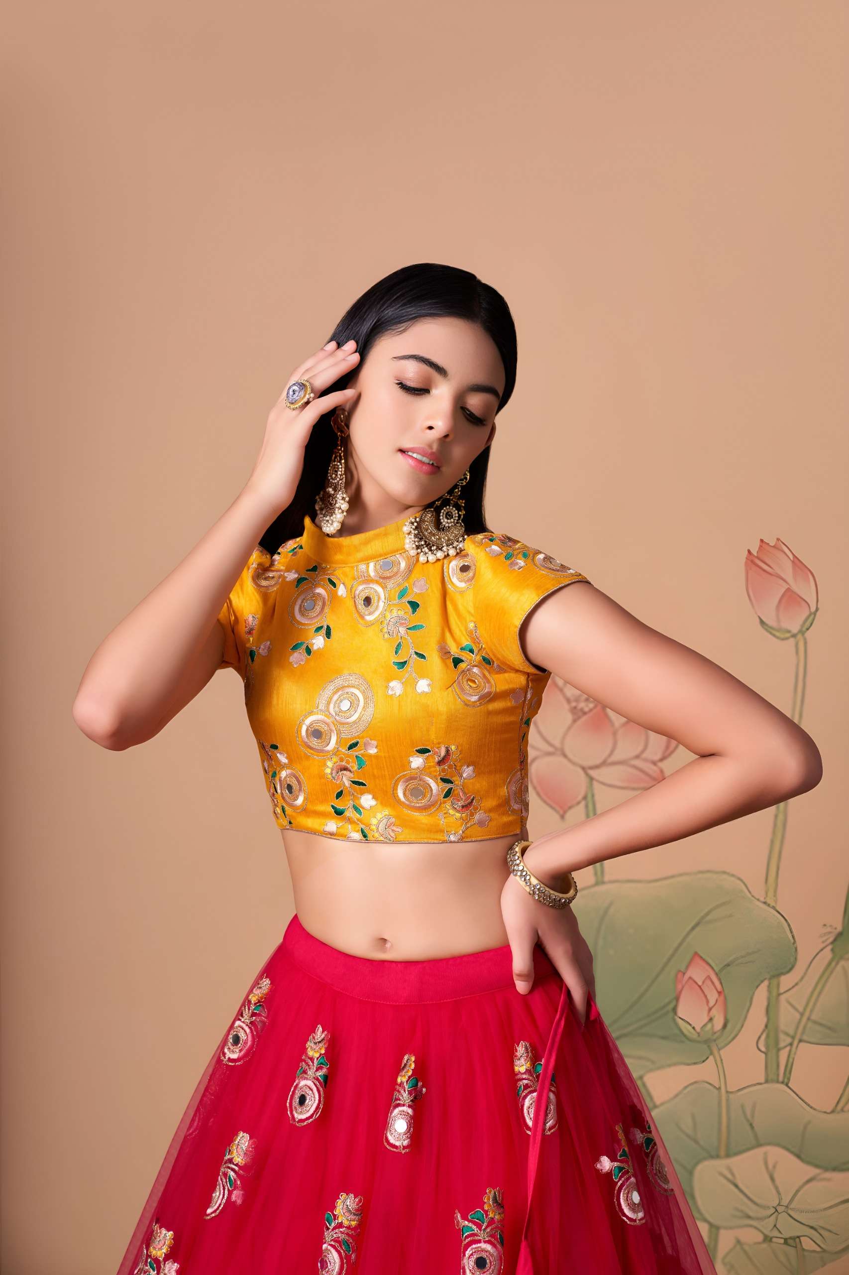 Rani Pink & Mustard colour Mirror Floral Lehenga Choli wholesale in surat 7323 Rani 